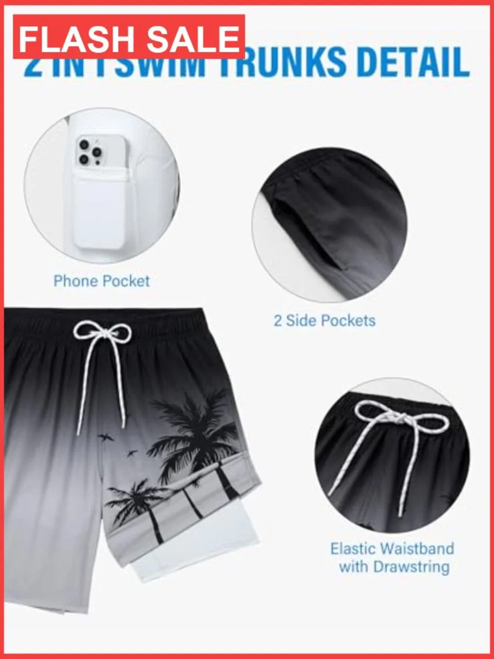 9in Swim Trunks with Compression Liner Pockets Quick Dry Stretch Lined